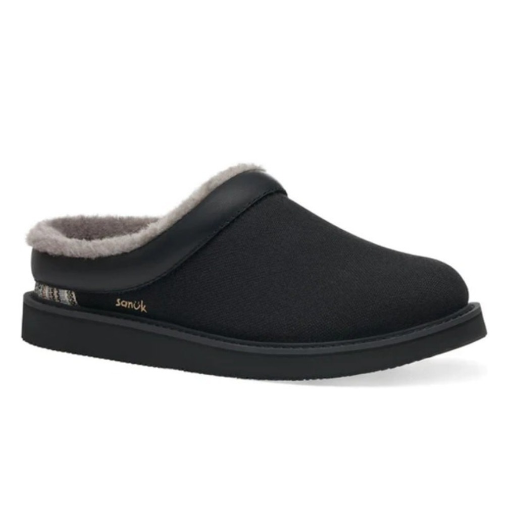 Sanuk Cozy Mat Chill Mens Black Faux Shearling Lined Mule Clog‎ Size 9